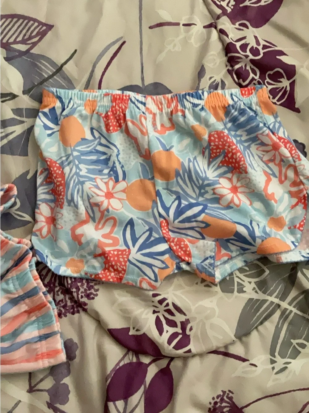 Carter's 3 pc Pink and Coral Swan Pajama Set with Blue Floral Accents & stripes